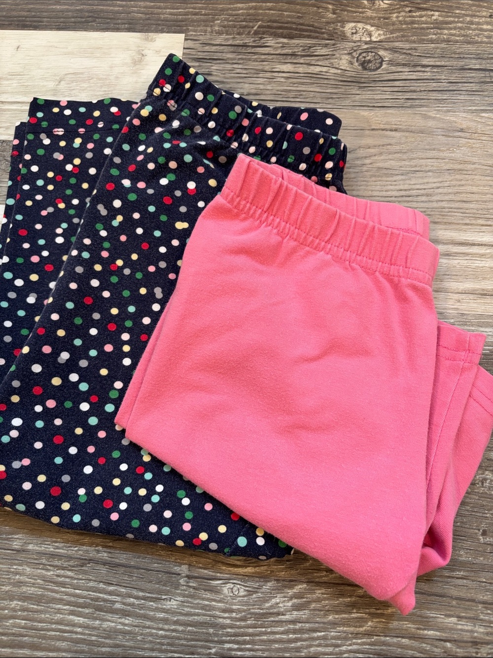 Hanna Andersson Pink Solid bike shorts & Navy Polka Dot Capris leggings